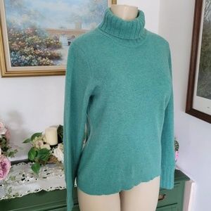 Kinross Cashmere Muted Teal Green Lg Turtleneck Long Sleeve Ribbed Cuff Sweater